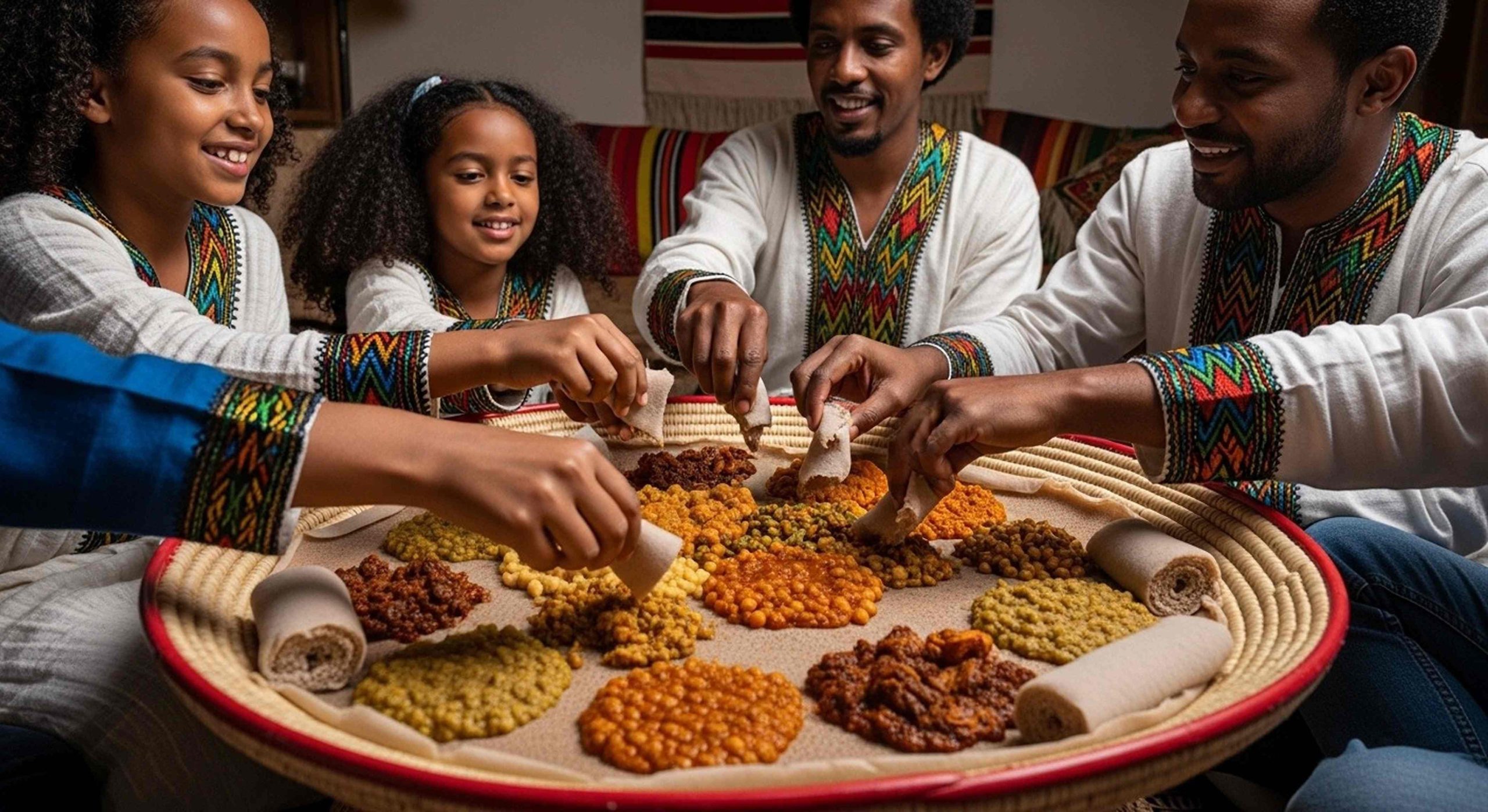 A family of four enjoying a traditional Ethiopian meal together in a cozy setting